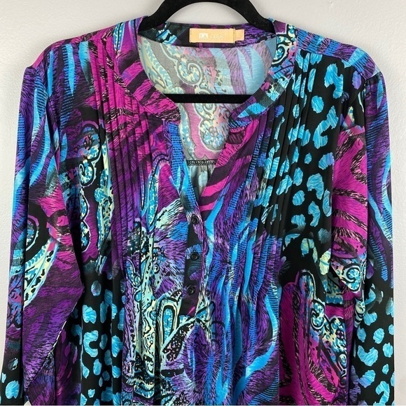 La Cera Pleat Front Printed Tunic Blue Purple Large - Picture 5 of 13